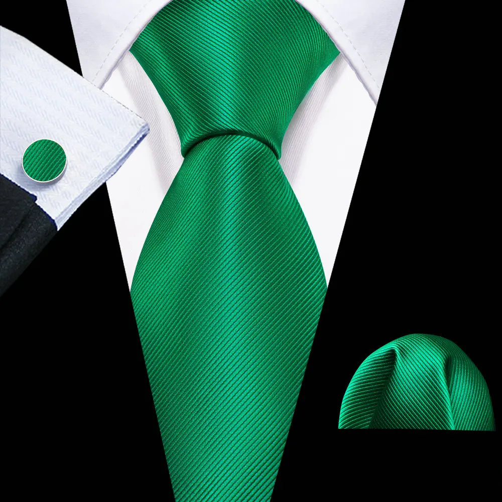 Dark Green Silk Solid Men Ties With Pocket Square Cufflinks Set Elegant Woven High Quality Suit Necktie Wedding
