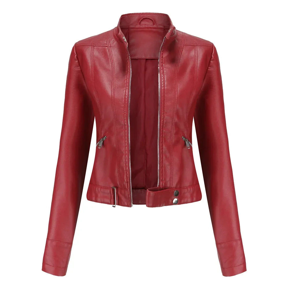 Spring Autumn Stand Collar Ladies Thin Leather Outerwear 2024 New Style Women's Leather Jacket Short Slim Fit