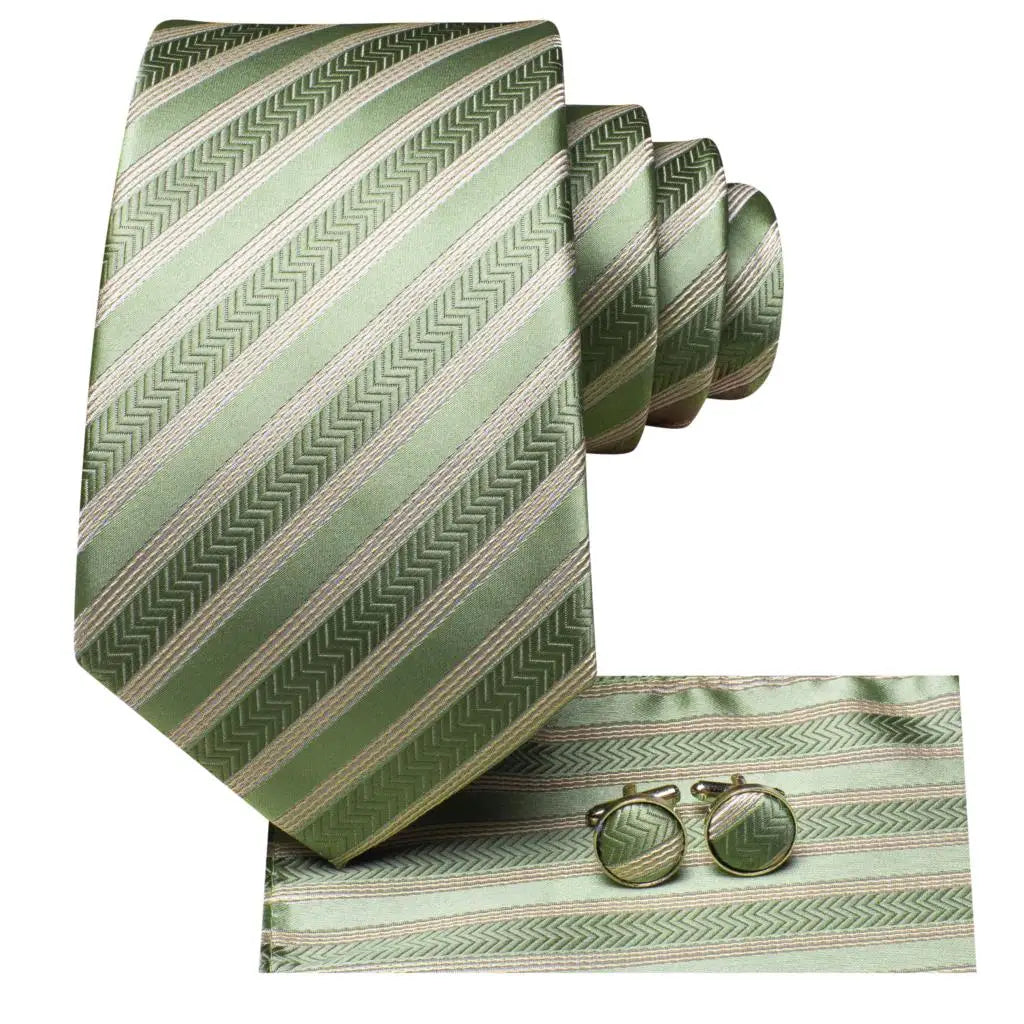 Our Brand  2025 Hi Tie Striped Sage Green Mens Fashion Necktie Handkerchief Cufflinks for Tuxedo Accessory Classic Silk Luxury Tie for Man Gift