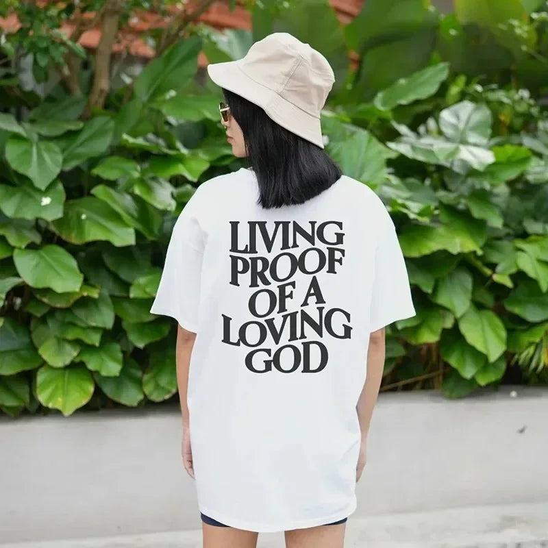 Men Women Summer Living Proof of a Loving God Print Y2k T-shirt Christian Cross Jesus Short Sleeved Tees Loose Cotton Top