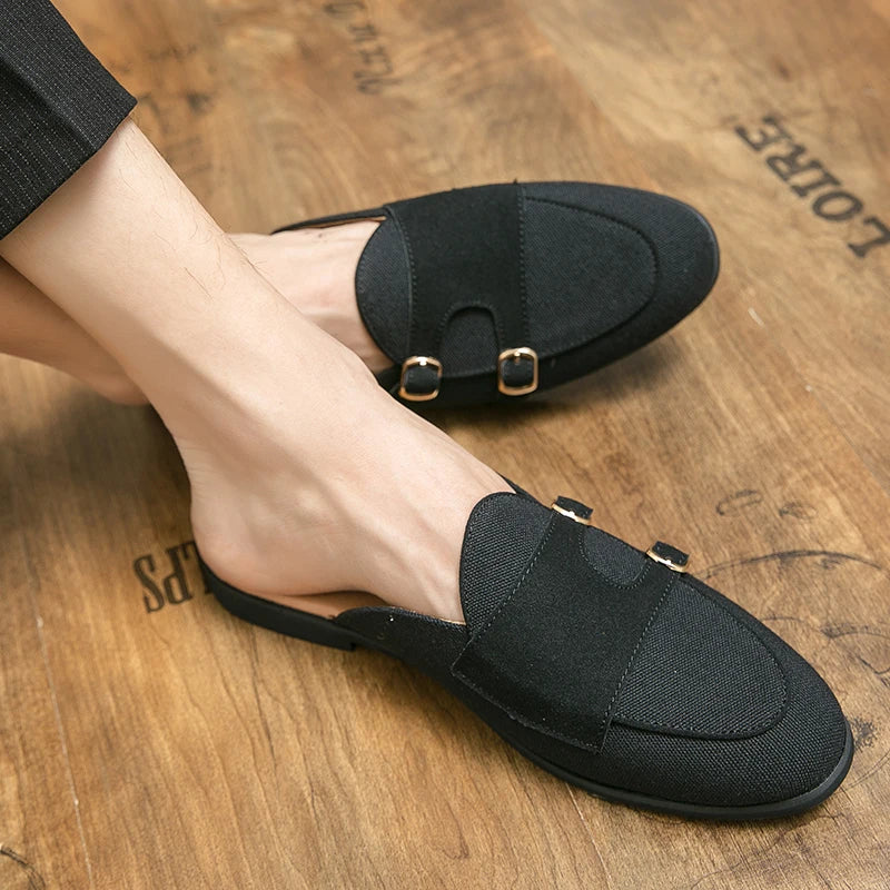 NEW 2025 Suede Leather Shoes Men's Casual Luxury Brand Handmade Muller Loafers Men Slip-On Flats Driving Dress Shoes Half Slippers 38-48
