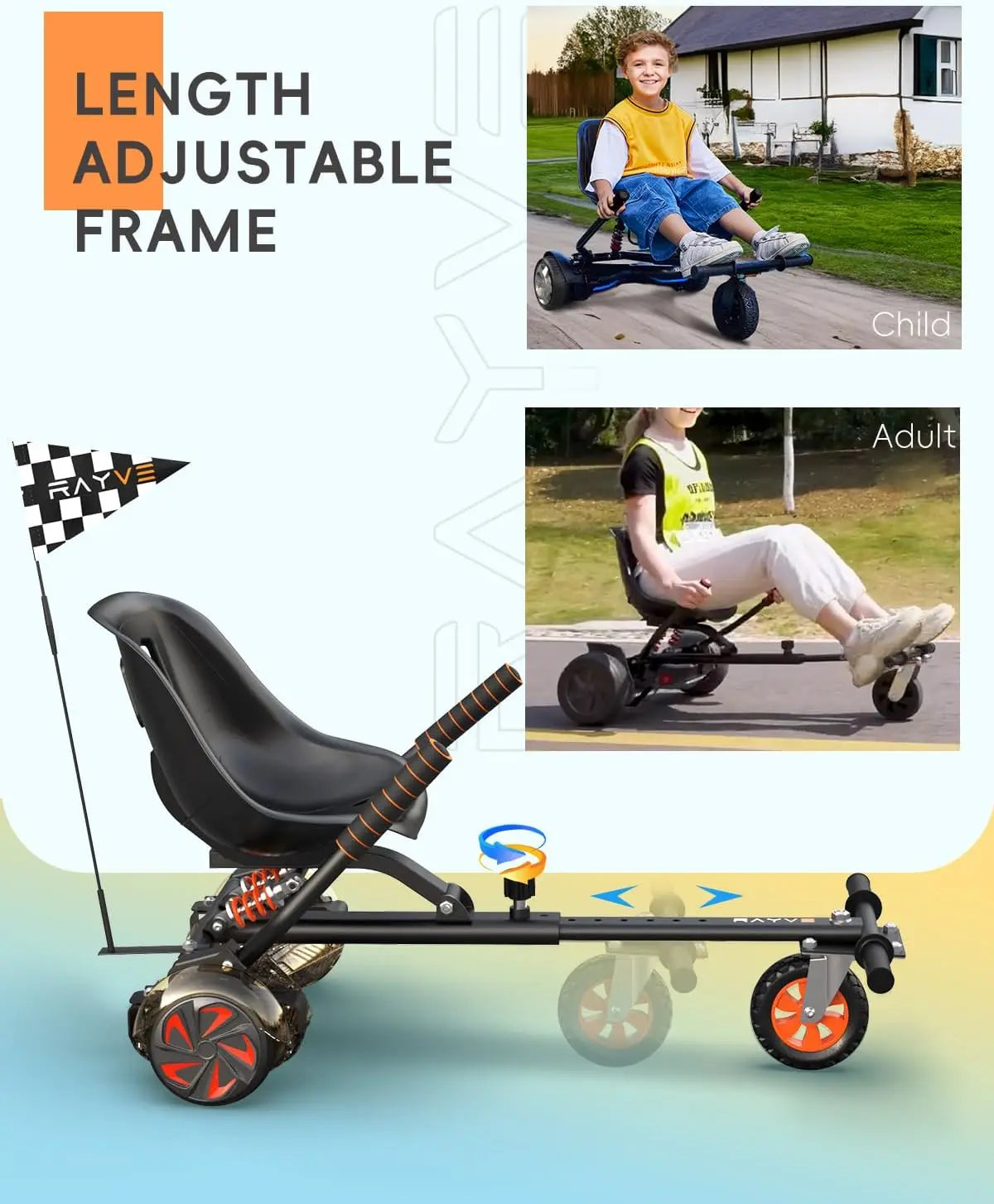 Hoverboard Attachment S1 with Rear Shock Absorption, Hoverboard Go Kart Accessory for 6.5" 8" 10" Hover Board, Adjustable Frame