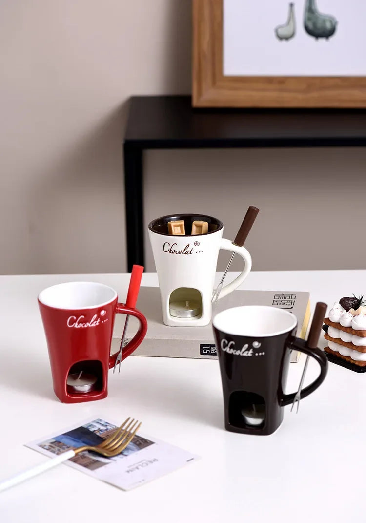 Ceramic Chocolate Cup European Candle Cup Cheese Chocolate Melting Ceramic Mug Heating Food Ceramic Mugwith Fork Creative Mugs