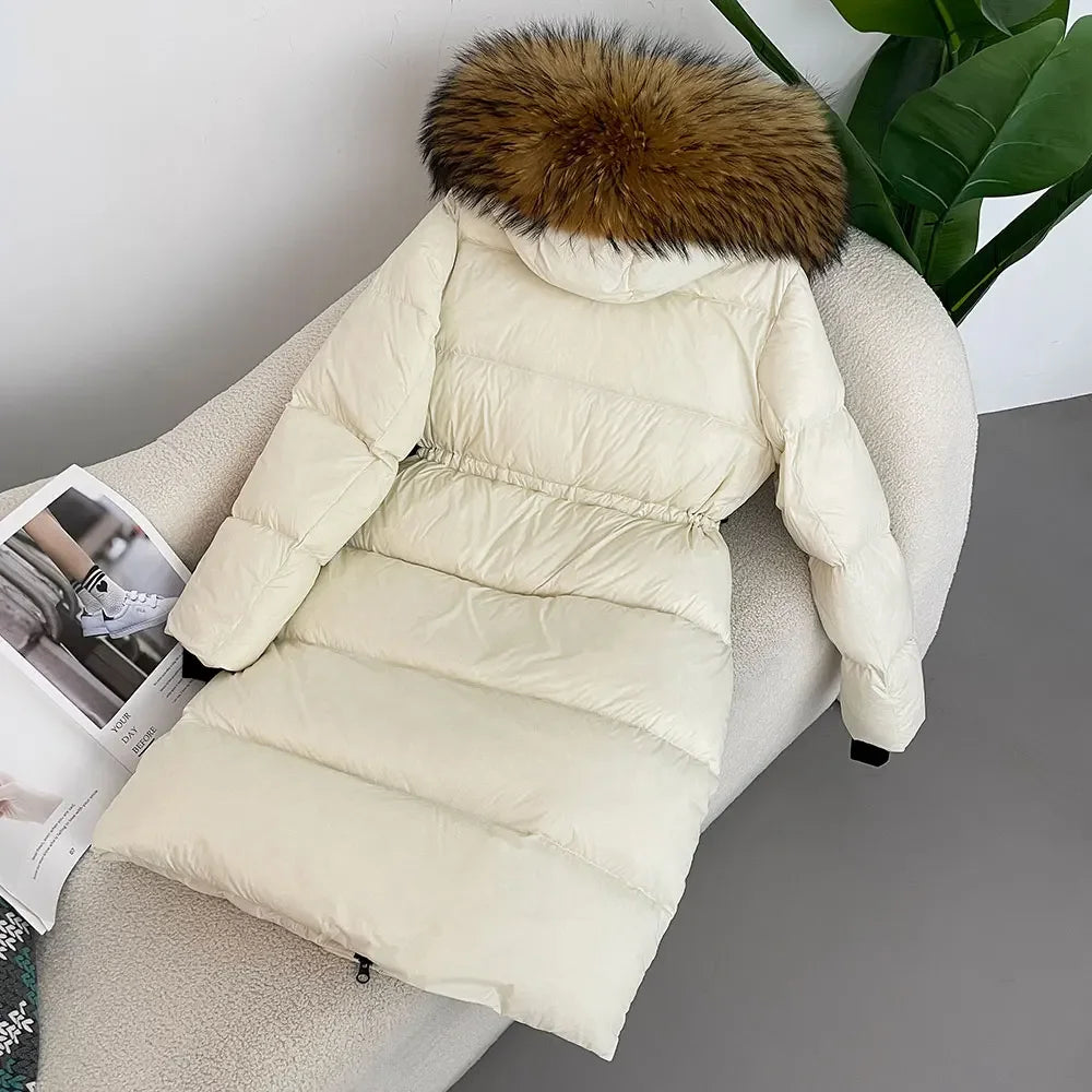 2024 - 2025 Winter New White Duck Down Real Fox Fur Real Raccoon Fur Long Hooded Coat Women Slim Warm Jacket Female Casual Fashion