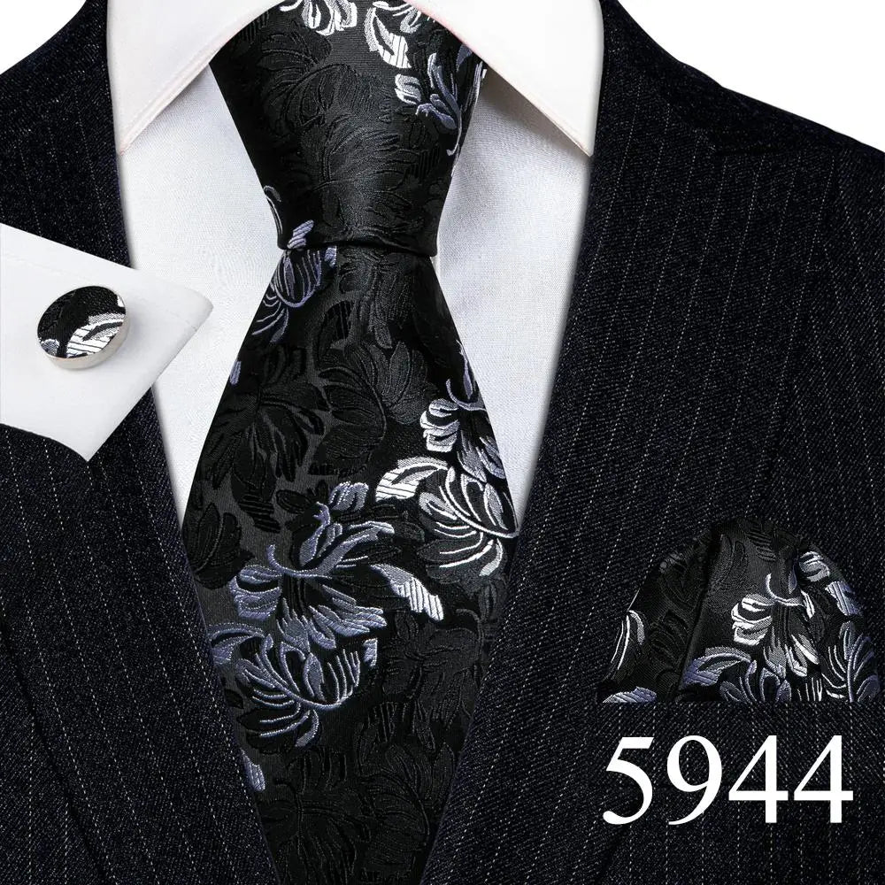 Fashion Mens Ties Set Silk Gray Black Silver White Striped Plaid Solid Paisley Floral Neck Tie Hankderchief Cufflinks Barry·Wang
