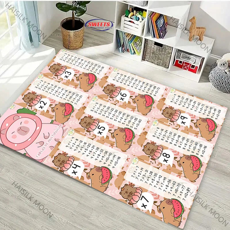 1PC Cute Capibara Pattern Multiplication Table 1 To 12 Carpets, Rugs for Home Kids Room, Early Childhood Education Non-slip Mat
