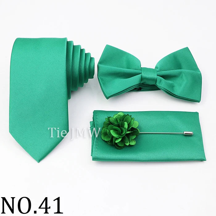 Hot Sale Pink Purple Sage Green Tie Set Polyester Necktie Bowtie Cufflink Brooch For Groom Suit Wedding Cravat Shirt Accessory