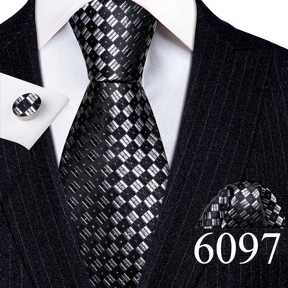 Fashion Mens Ties Set Silk Gray Black Silver White Striped Plaid Solid Paisley Floral Neck Tie Hankderchief Cufflinks Barry·Wang
