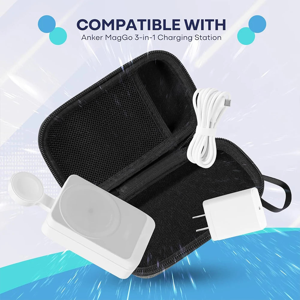 Wireless Charger Stand Carrying Box with Mesh Pocket for USB Cable Storage Holder Bag for Anker MagGo 3-in-1 Charging Station