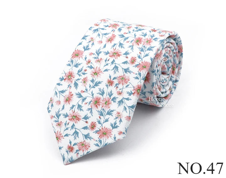 New Chic Floral Tie For Men 2025 100% Cotton Beautiful Elegant Flower Necktie White Blue Narrow Skinny Wedding Casual Cravat