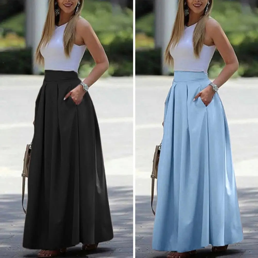 Chic OL Style Friendly to Skin Pleated Women Fall Spring Skirt Pockets Solid Color Women Fall Spring Skirt Women Clothes