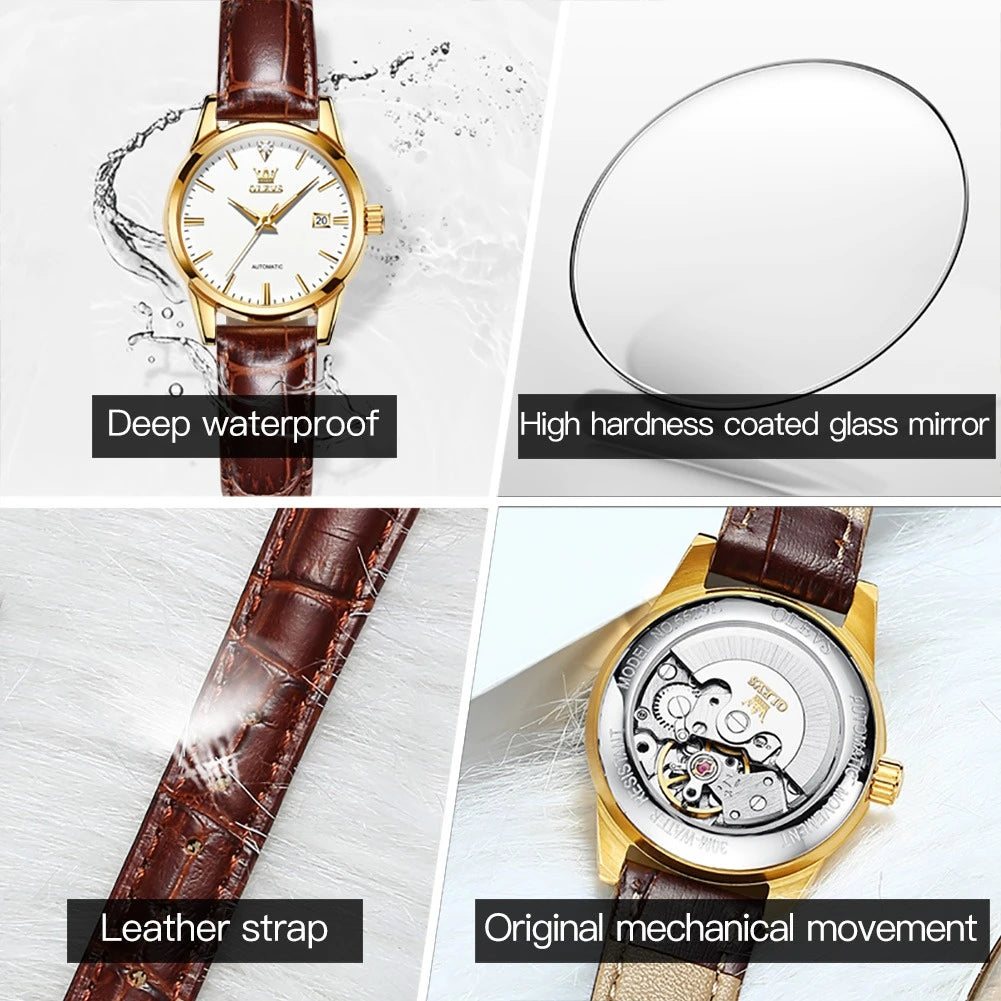 2024 OLEVS 6629 Mechanical Fashion Watch Gift Genuine Leather Watchband Round-dial Calendar Luminous