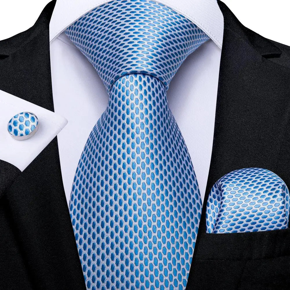 Brand New 2025 Hi-Tie Light Blue Striped Business Mens Tie 8.5cm Jacquard Necktie Accessorie Daily Wear Cravat Wedding Party Hanky Cufflink Set