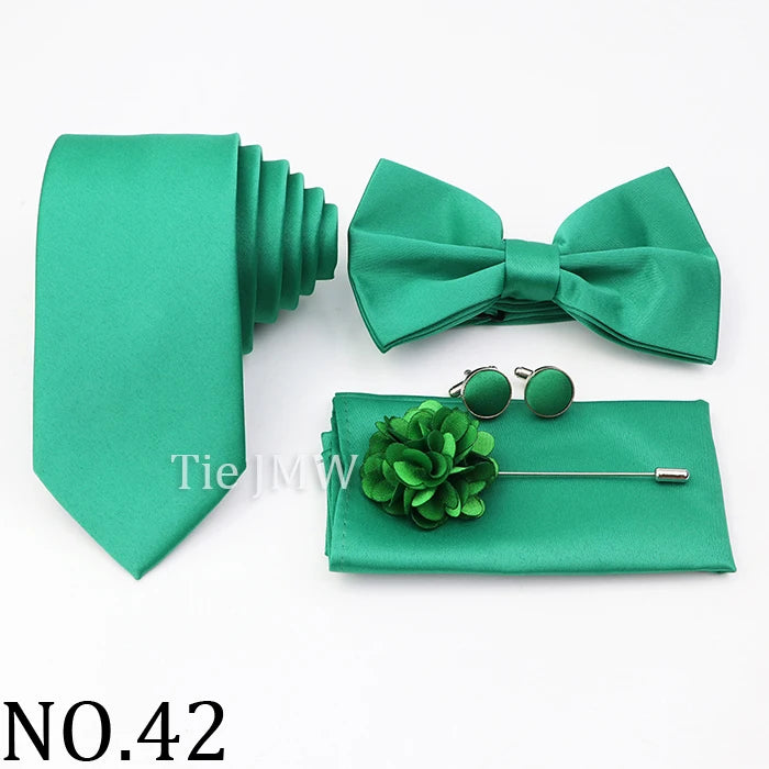Hot Sale Pink Purple Sage Green Tie Set Polyester Necktie Bowtie Cufflink Brooch For Groom Suit Wedding Cravat Shirt Accessory