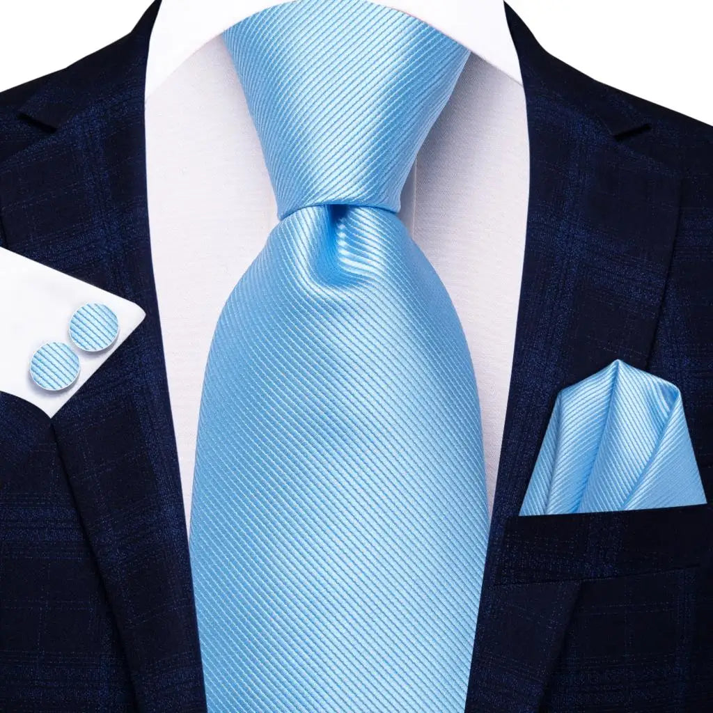 Brand New 2025 Hi-Tie Light Blue Striped Novelty Silk Wedding Tie For Men Handky Cufflinks Nicktie Set Fashion Design Business Party