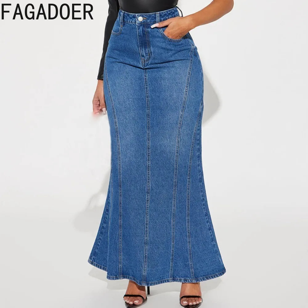 FAGADOER Retro Blue Fashion Skinny  Denim Skirts Women High Waisted Button Pocket Skirts Female Elasticity Cowboy Bottoms
