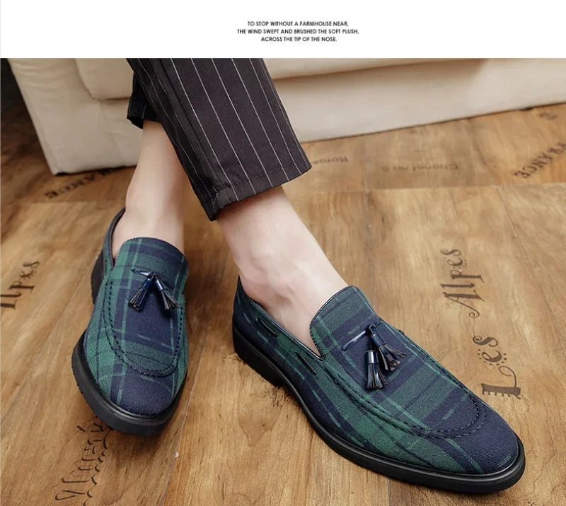 Our 2025 New Loafers Men Shoes Canvas Green Plaid Fashion Business Casual Wedding Party Classic Fringe Retro Gentleman Dress Shoes