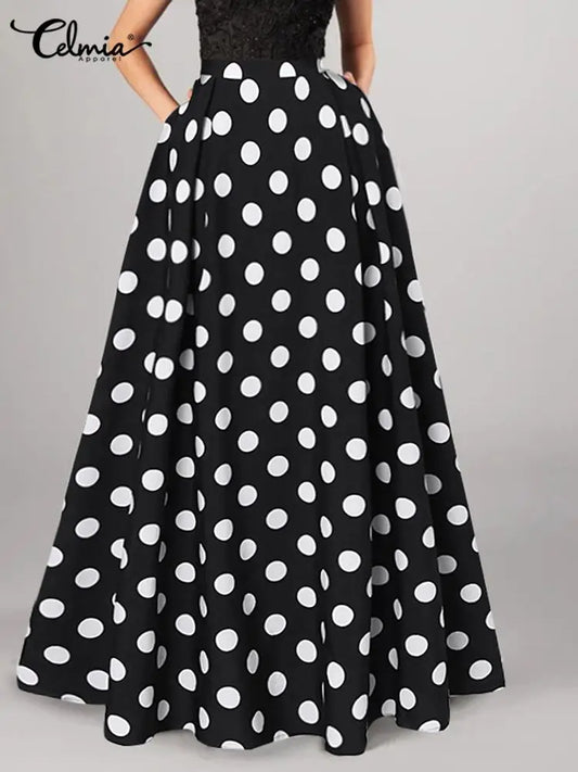 2024 Summer Skirt Celmia Bohemian Women Maxi Skirts High Waist Vintage Casual Loose Dot Elegant A-line Long Skirt Oversize