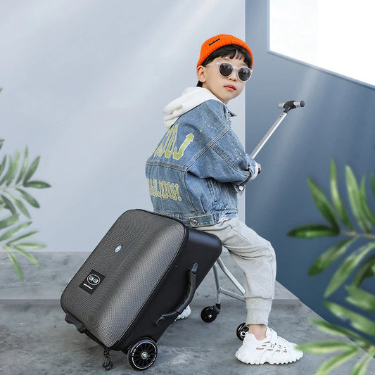 2024 New design lazy baby sit on scooter luggage kids carry on travel suitcase bag boarding skateboard creative trolley case
