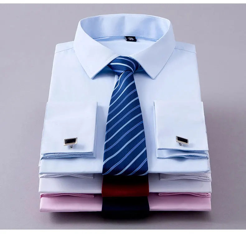 Brand NEW 2024-2025 Fashion Mens French Cufflinks Dress Shirts Long Sleeve Yellow White Blue Social Business Regular Fit Wedding Party Shirt For Man