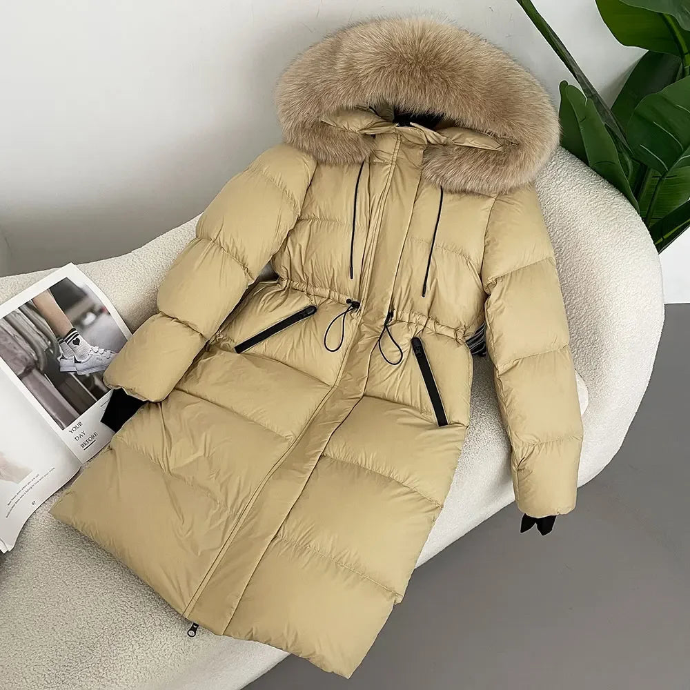 2024 - 2025 Winter New White Duck Down Real Fox Fur Real Raccoon Fur Long Hooded Coat Women Slim Warm Jacket Female Casual Fashion