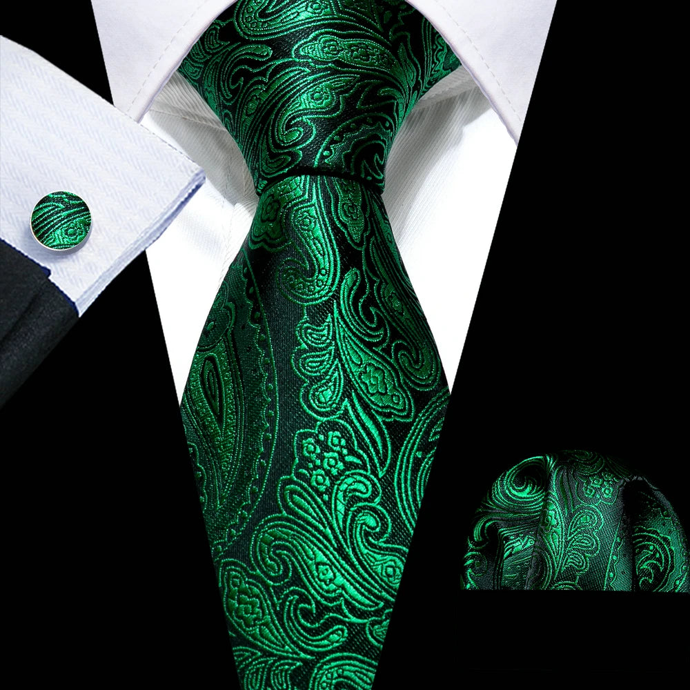 Fashion Silk Men Tie Green Teal Blue Solid Paisley Striped Plaid Floral Animal Necktie Handkerchief Cufflinks Set Barry. For Wedding