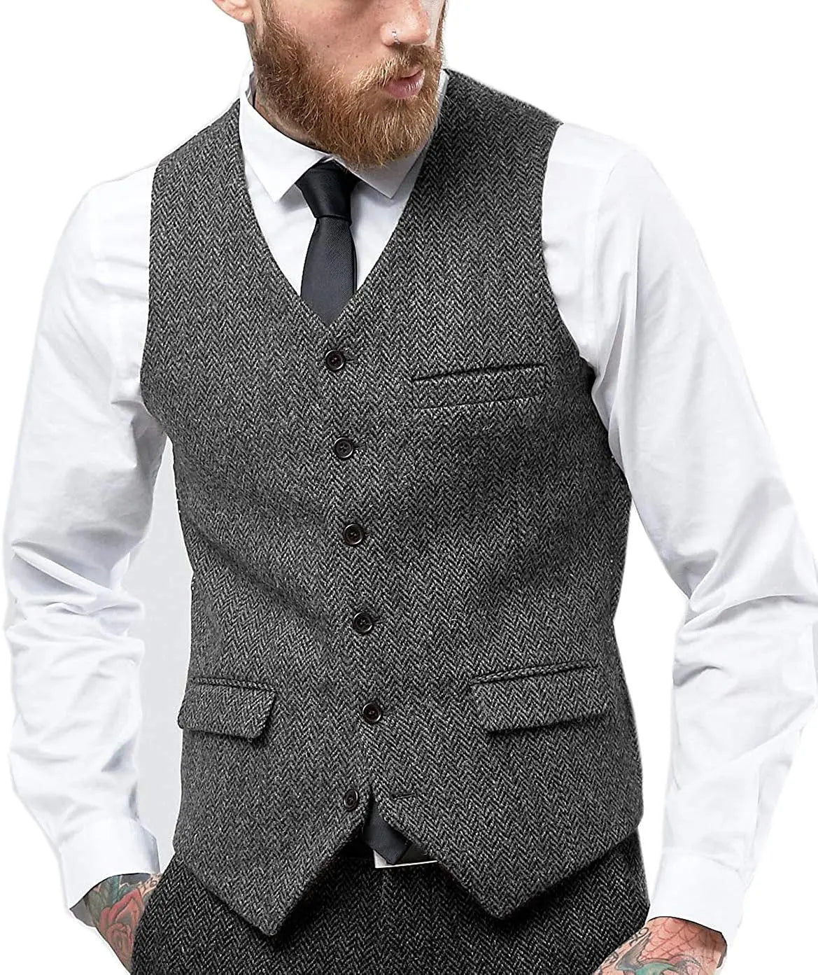 V Neck Men's Waistcoat Slim  Fit Single Breasted Herringbone Tweed Men's Suits Vest Groomsmen