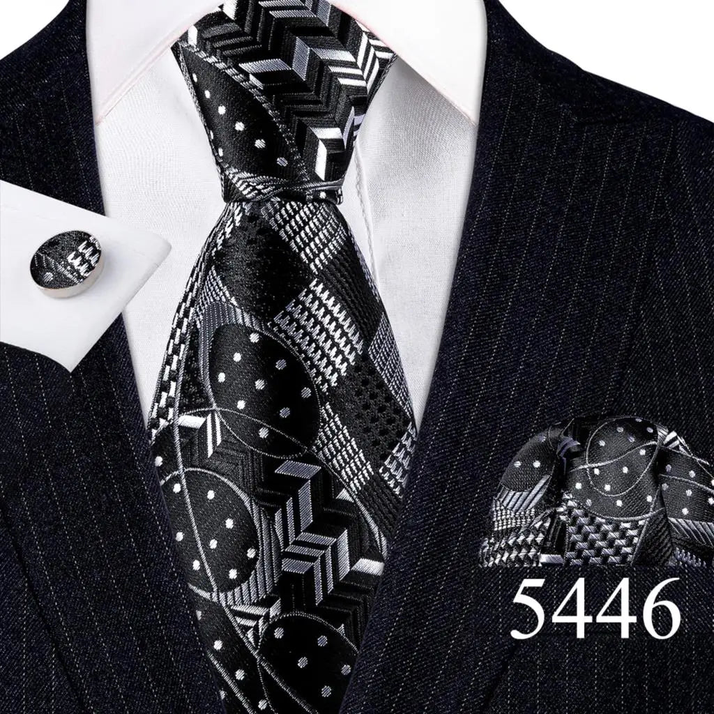Fashion Mens Ties Set Silk Gray Black Silver White Striped Plaid Solid Paisley Floral Neck Tie Hankderchief Cufflinks Barry·Wang