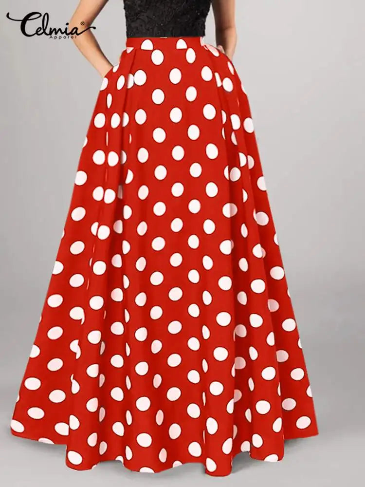 2024 Summer Skirt Celmia Bohemian Women Maxi Skirts High Waist Vintage Casual Loose Dot Elegant A-line Long Skirt Oversize