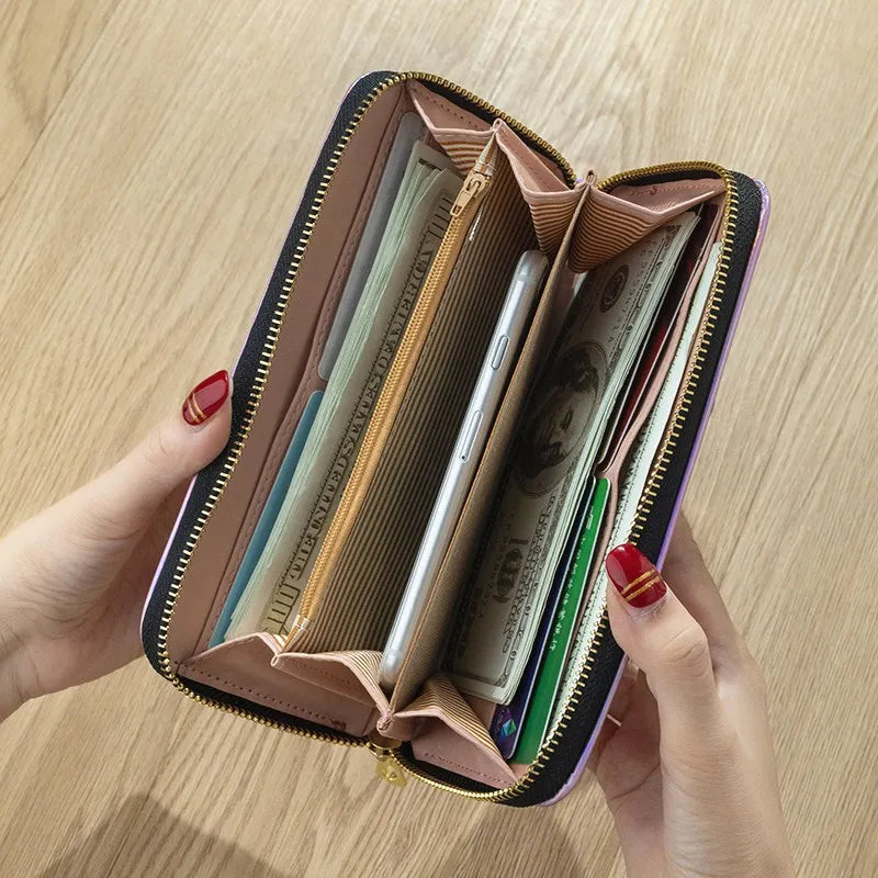 2024 New Laser Holographic Wallet Women Long Pu Leather Purse Fashion Female Clutch Large Capacity Zipper Purses Phone Purse Carteras