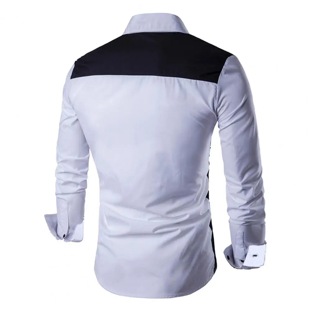 Men Shirt Color Block Splicing Streetwear Buttoned Korean Style Social Shirt for Office Men's Classic Long Sleeve Shirts