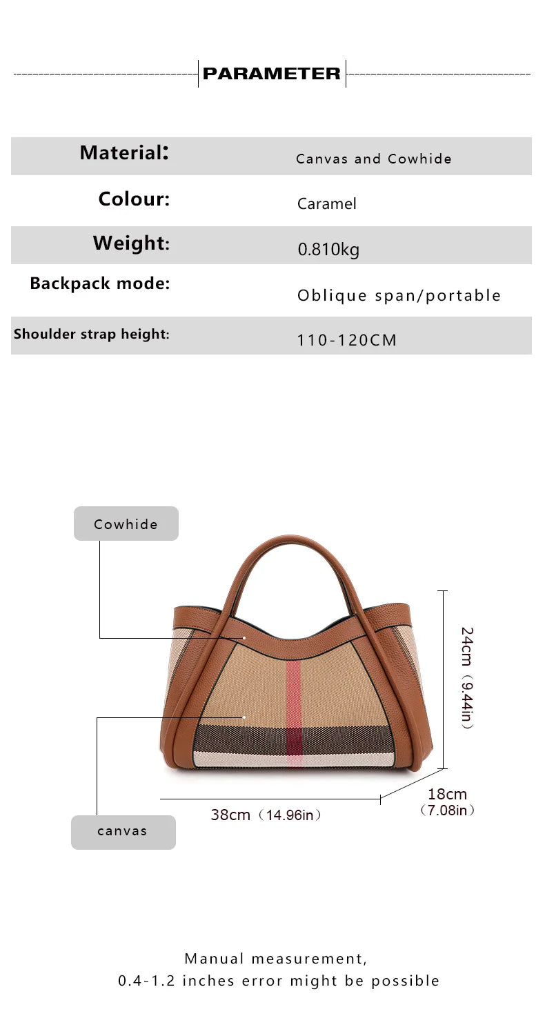 NEW 2024-2025 New Retro Checkered Women's Handbag Fashionable and Advanced Large Capacity Canvas with Cowhide Mother and Child Bag