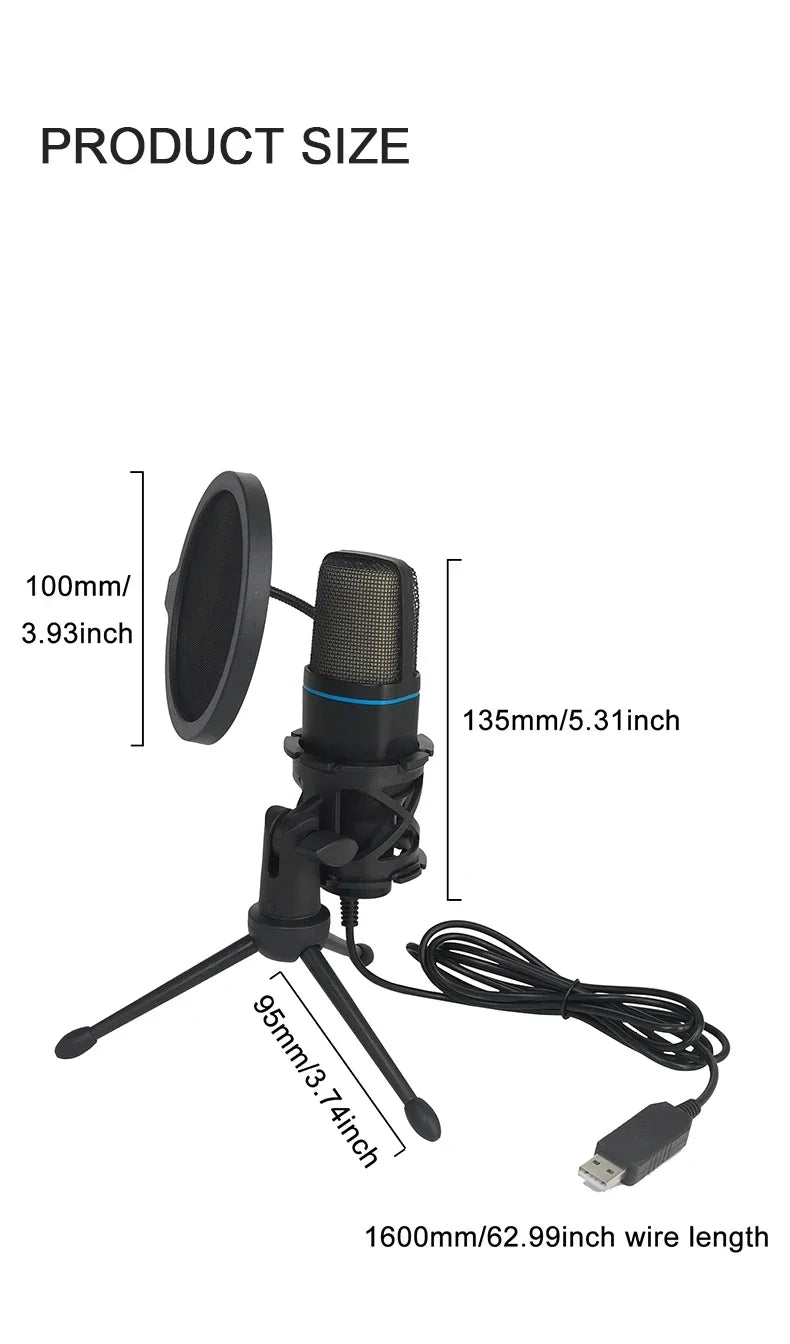 RGB Professional Microphone USB Microfone Condensador Wire Gaming Mic for Podcast Recording Studio Streaming Laptop Desktop PC