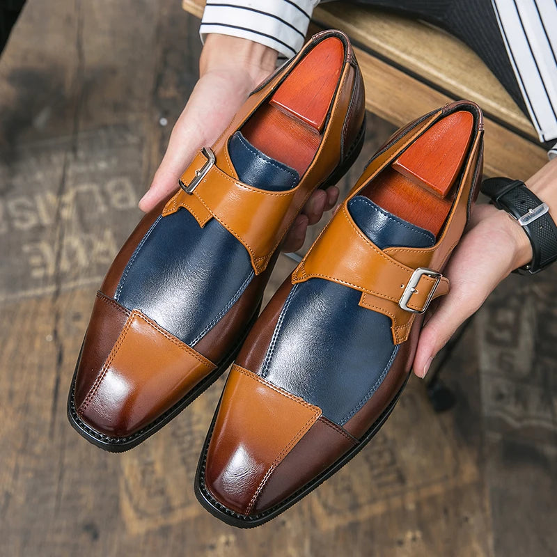 Brand new 2024-2025 Classic Monk Leather Man Shoes Color Block Round-Toe Buckle Business Dress Leather Shoes Man Casual Wedding Party Shoes For Man