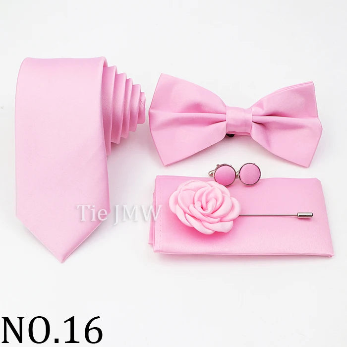 Hot Sale Pink Purple Sage Green Tie Set Polyester Necktie Bowtie Cufflink Brooch For Groom Suit Wedding Cravat Shirt Accessory