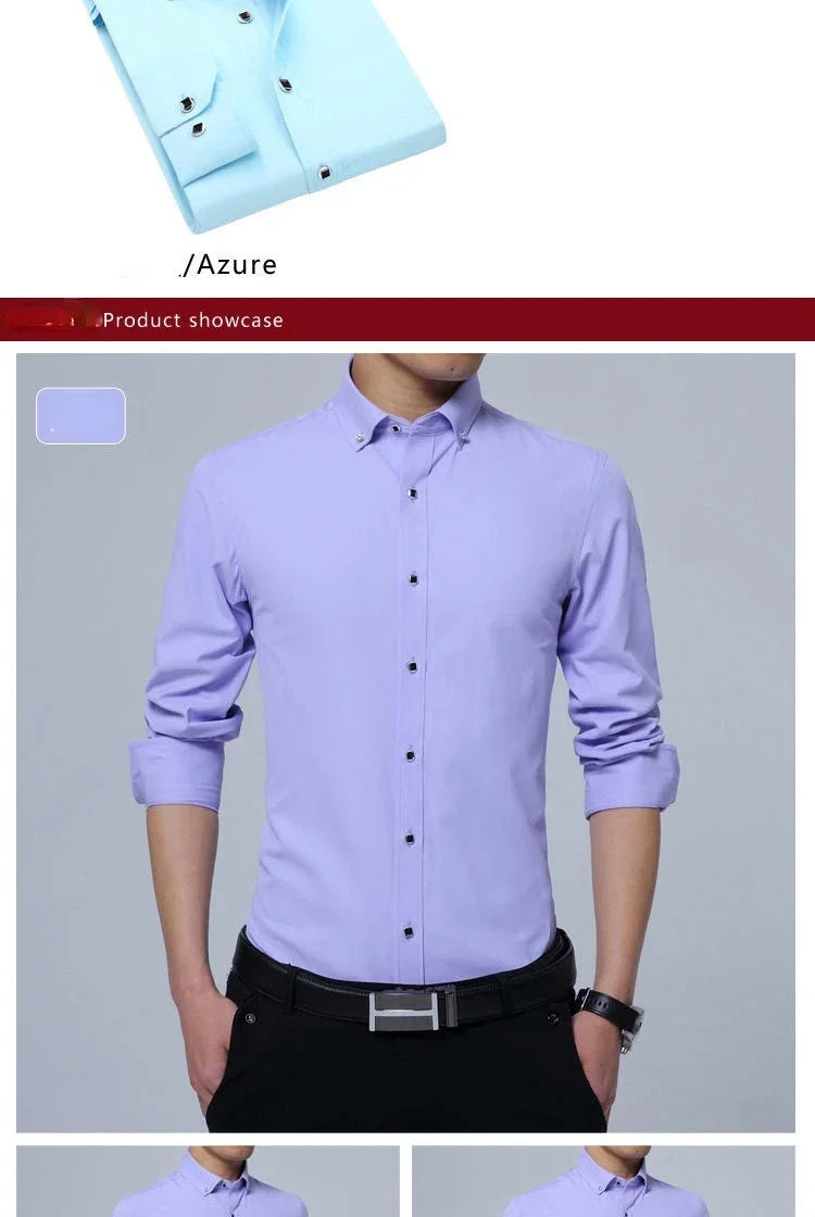 Summer Business Slim Fit White Shirt for Men - British Casual Tooling Style with Three Buttons Men's Long Sleeve Shirts