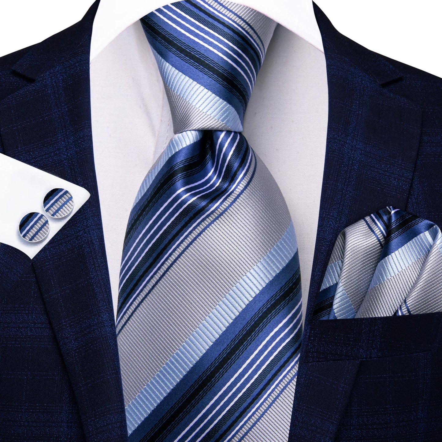 Brand New 2025 Hi-Tie Light Blue Striped Business Mens Tie 8.5cm Jacquard Necktie Accessorie Daily Wear Cravat Wedding Party Hanky Cufflink Set