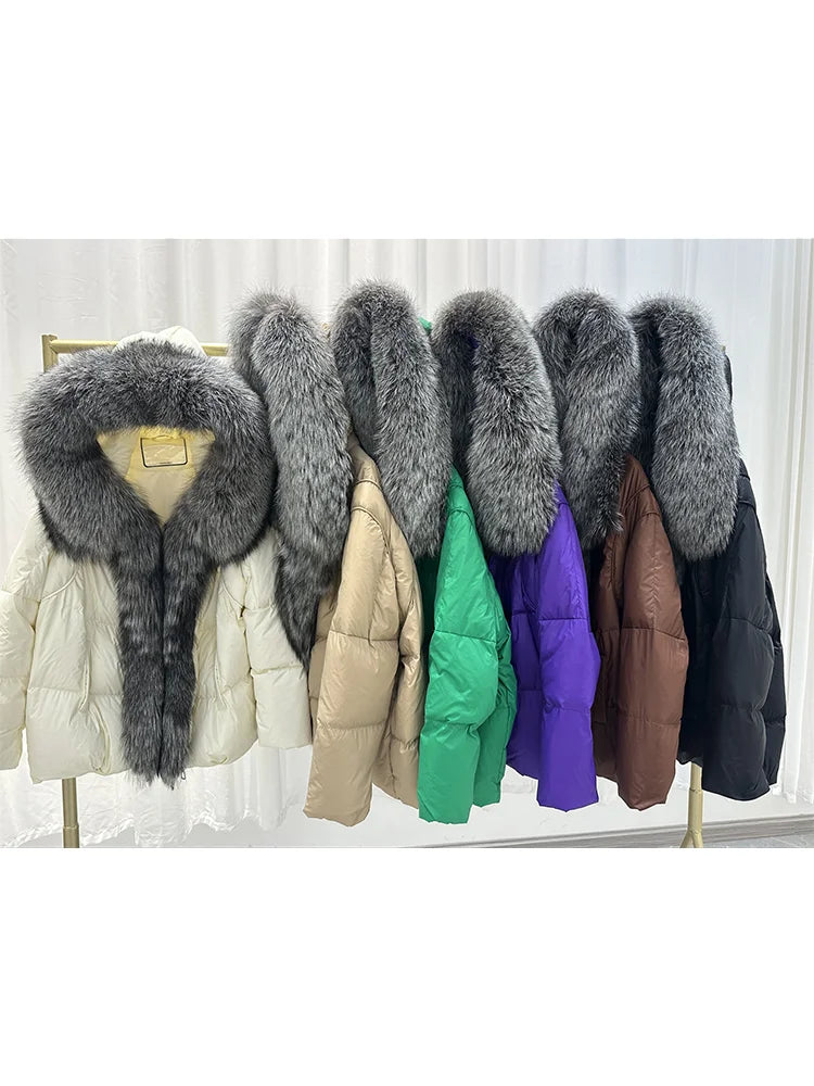NEW 2024 2025 Women Coat White Duck Down Jacket Super Large Real Silver Fox Fur Collar Hooded New Fashion Outerwear Puffer Jacket New