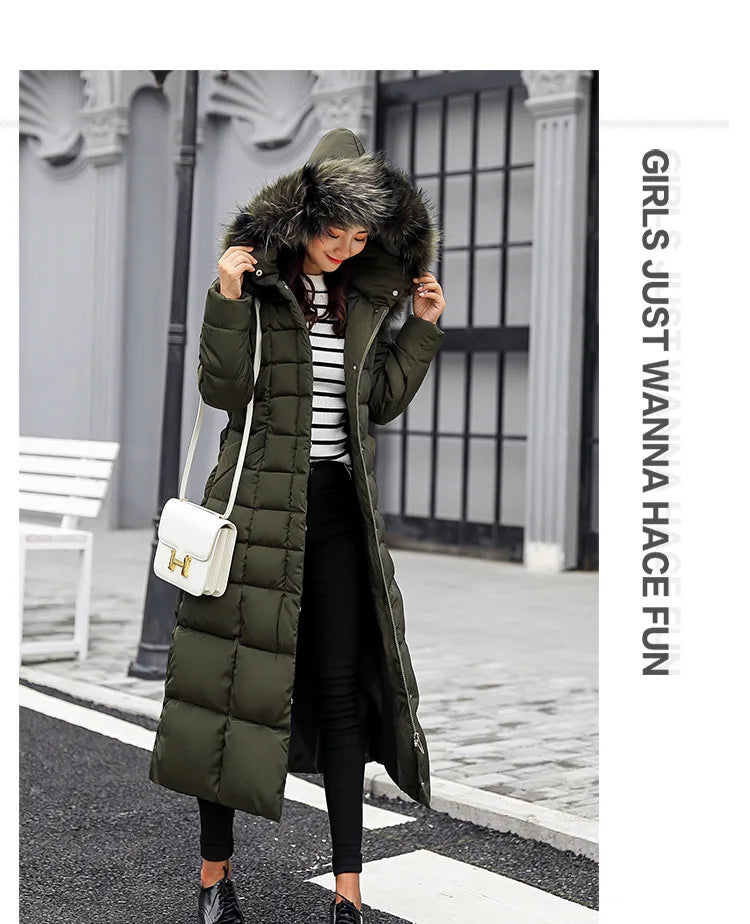 New 2024 - 2025 X-Long Down Jacket Women Casual Thick Warm Padded Coat Winter Loose Solid Hooded Parkas Lady Korean Fashion Solid Long Overcoa