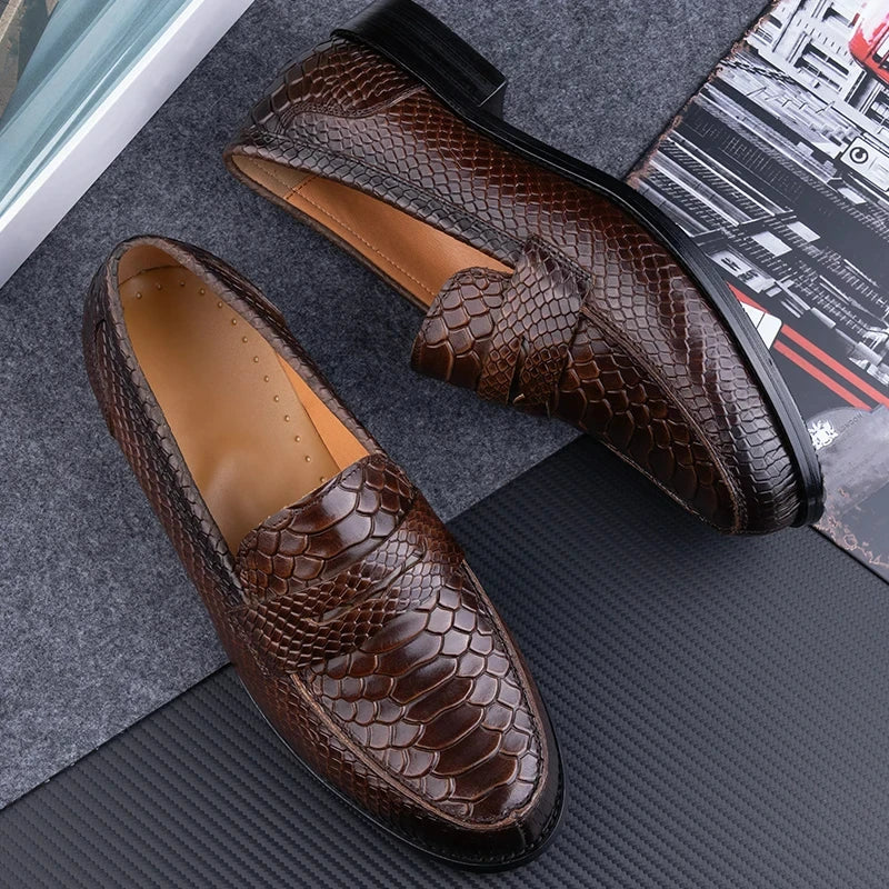 New Collection 2024-2025 Snake Printing Leather Men Shoes Loafers Design Slip on Daily Casual Shoe Genuine Cowhide Handmade Sewing Comfortable Dress Shoe