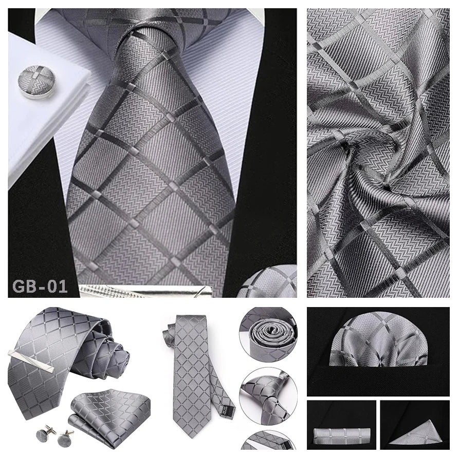 100% Silk Ties for Men Plaid & Checks Tie Clip Handkerchief Woven Classic Men's Necktie Pocket Square Set Formal Wedding Ties