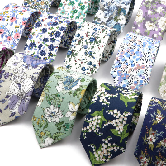 New Chic Floral Tie For Men 2025 100% Cotton Beautiful Elegant Flower Necktie White Blue Narrow Skinny Wedding Casual Cravat