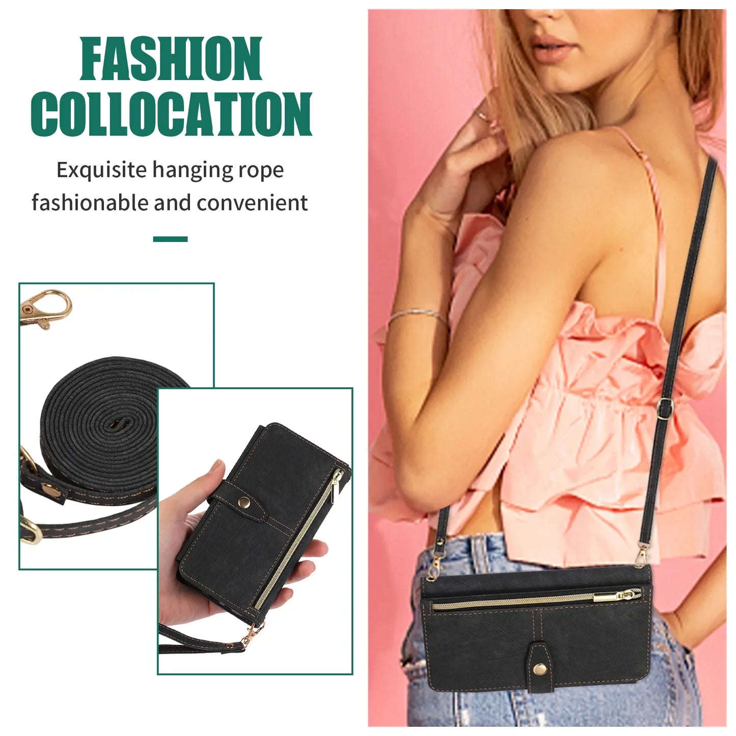 Crossbody Lanyard Card Slot Wallet Flip Case for iPhone 15 14 13 12 11 Pro Max Mini X XS 8 7 Plus SE 2020 2022 PU Leather Cover