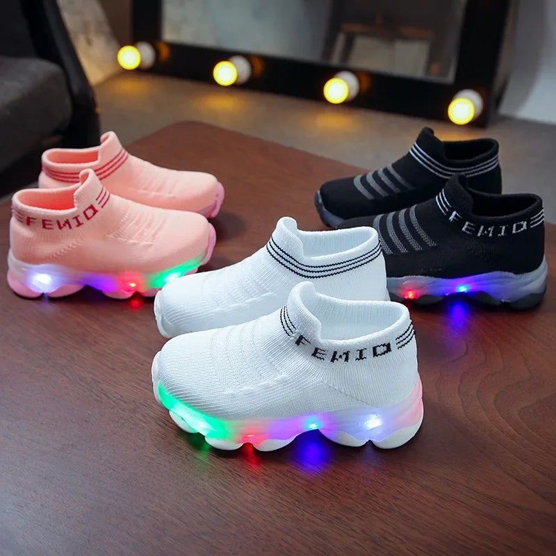 Brand New 2024-2025 Kids Sneakers Children Baby Girls Boys Letter Mesh Led Luminous Socks Sport Run Sneakers Shoes Sapato Infantil Light Up Shoes