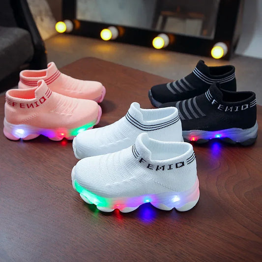 Brand New 2024-2025 Kids Sneakers Children Baby Girls Boys Letter Mesh Led Luminous Socks Sport Run Sneakers Shoes Sapato Infantil Light Up Shoes