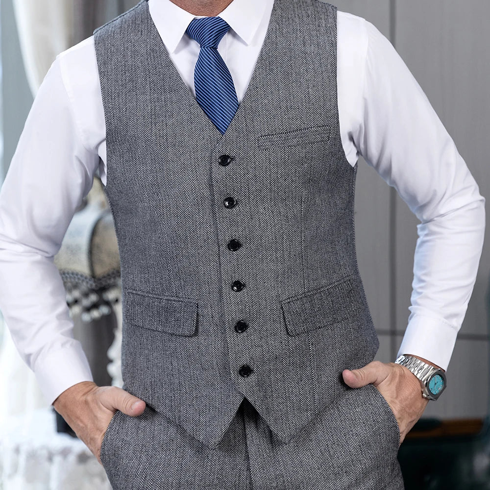V Neck Men's Waistcoat Slim  Fit Single Breasted Herringbone Tweed Men's Suits Vest Groomsmen