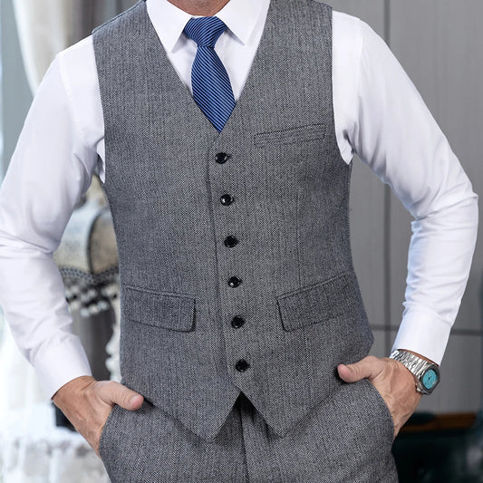V Neck Men's Waistcoat Slim  Fit Single Breasted Herringbone Tweed Men's Suits Vest Groomsmen