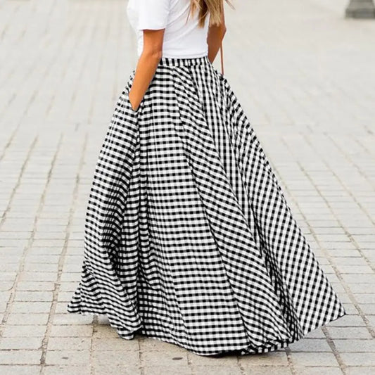 2024 Vintage Bohemian Women High Waist Summer Long Skirt Plaid Pockets Casual A-Line Maxi Skirts Elegant Beach Skirt Long Skirt