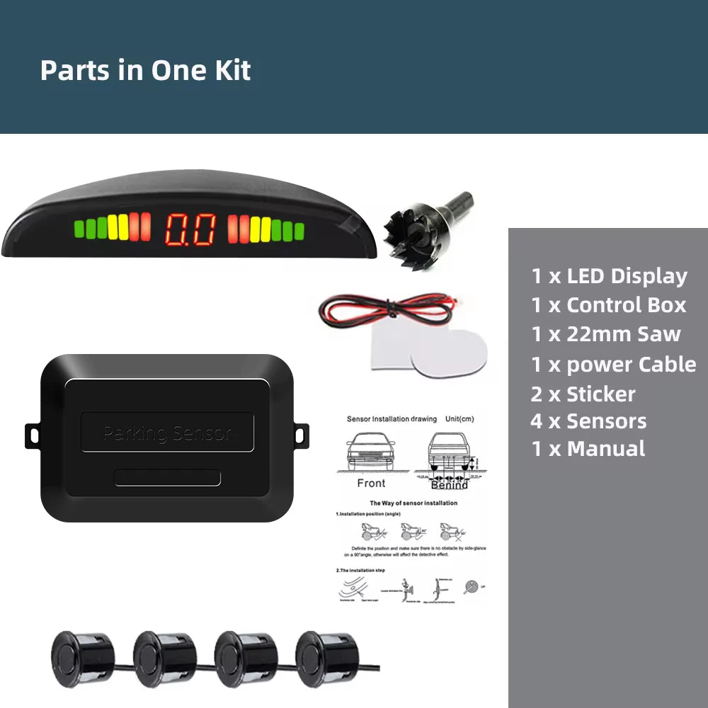 Car LED Parking Sensor Kit 4 Sensors 22mm Backlight Display Reverse Backup Radar Monitor System 12V 8 Colors
