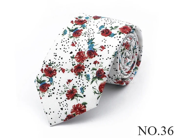 New Chic Floral Tie For Men 2025 100% Cotton Beautiful Elegant Flower Necktie White Blue Narrow Skinny Wedding Casual Cravat